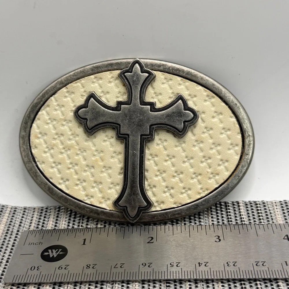 Vintage Style‎ Cross Belt Buckle Oval Silver Tone Metal Cream Faux Leather Inlay
